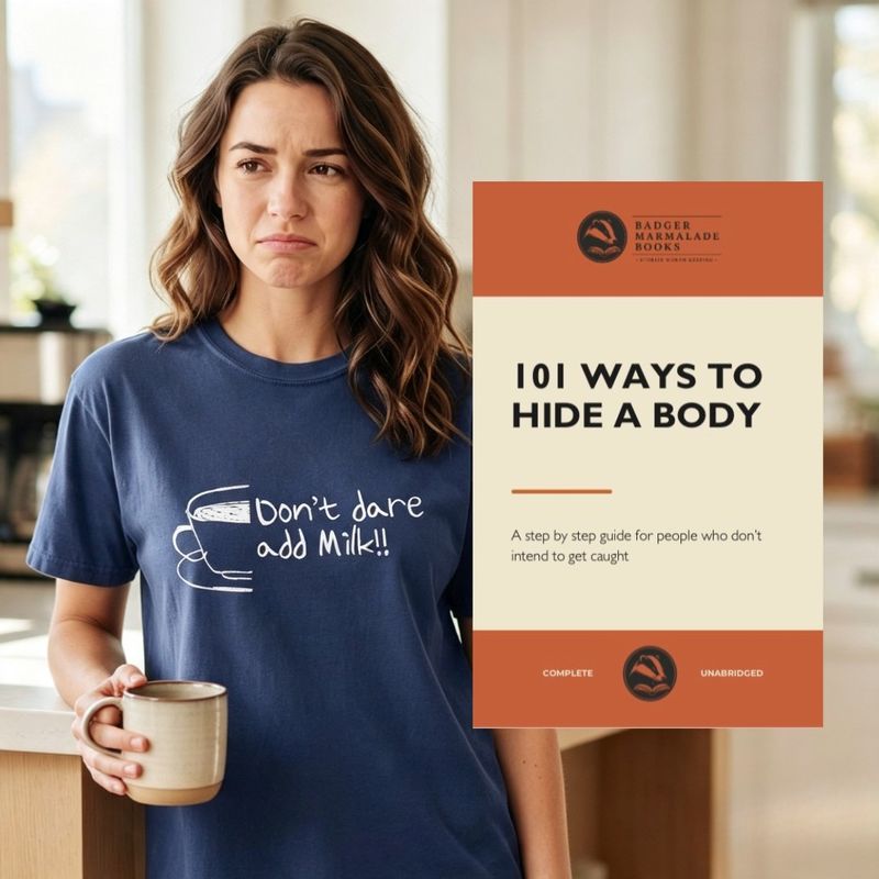 Don't Dare Add Milk!! t-shirt styled next to a Badger Marmalade Books cover