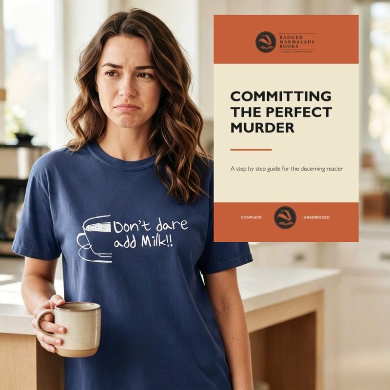 Don't Dare Add Milk!! t-shirt styled next to a Badger Marmalade Books cover