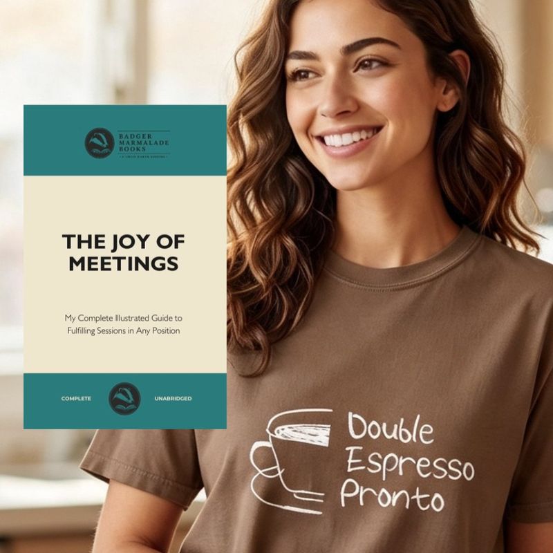 Double Espresso Pronto t-shirt styled next to a Badger Marmalade Books cover