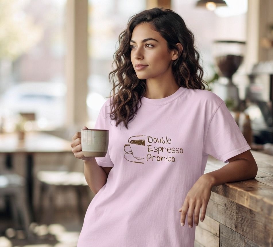 Double Espresso Pronto — pink tee, styled shot in cafe