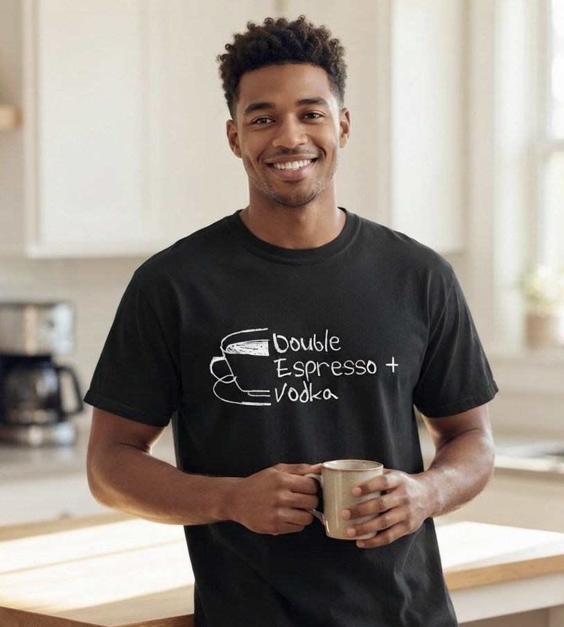 Double Espresso + Vodka — black tee, styled shot