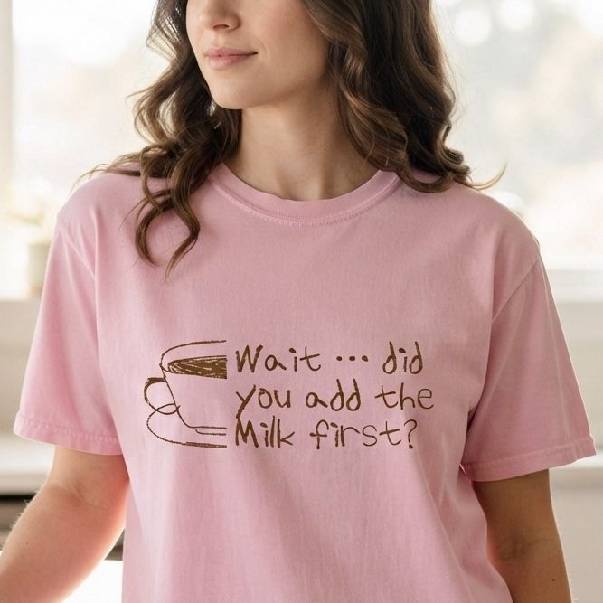Wait, did you add the milk first? — pink tee, close-up detail